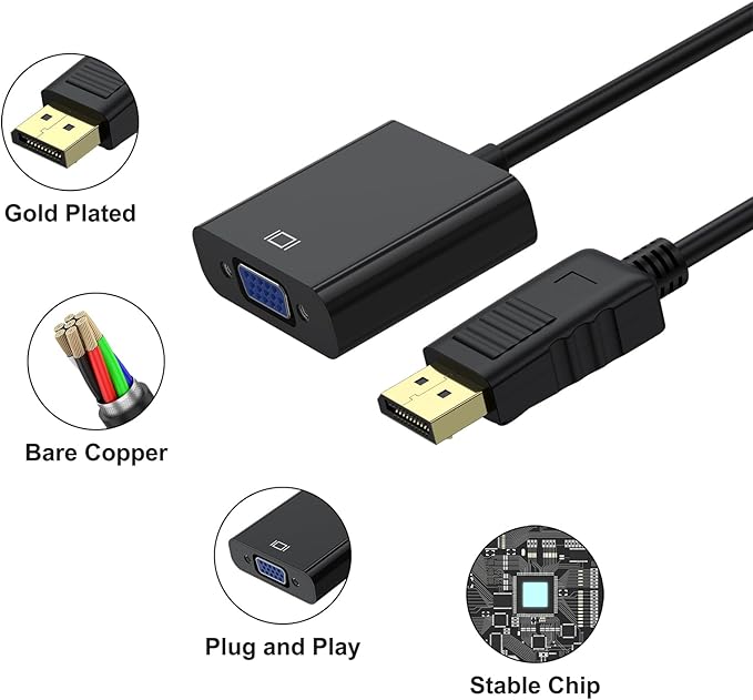 Wanme Displayport (DP) to VGA Adapter, Gold Plated DP Male to VGA Female Converter Compatible with Computer, Desktop, Laptop, PC, Monitor, Projector, HDTV (Black)