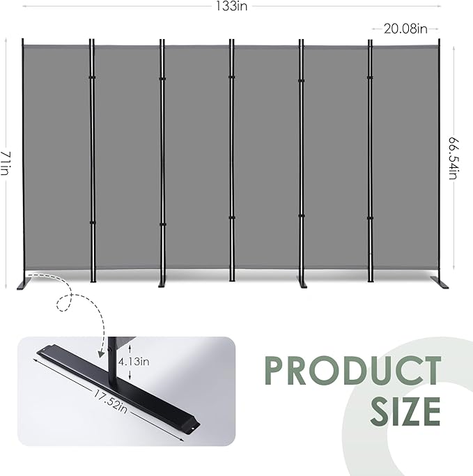 RANTILA 6 Panel Room Divider, 6 FT Folding Privacy Screen with Wide Feet, Freestanding Partition for Room Separation, Portable Room Divider Panel, 133" W x 71" H, Grey
