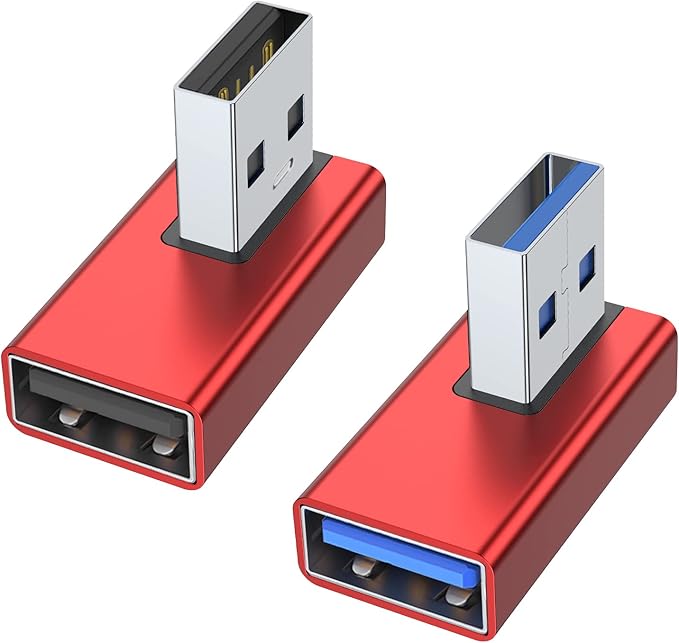 AreMe 90 Degree USB 3.0 Adapter 2 Pack, Left and Right Angle USB A Male to Female Converter Extender for PC, Laptop, USB A Charger, Power Bank and More (Red)