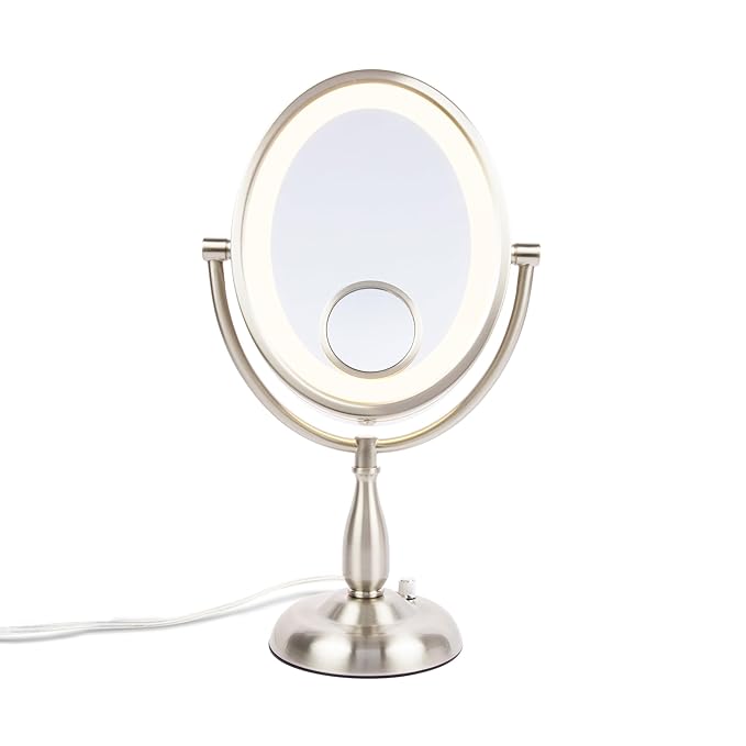 JERDON Lighted Makeup Mirror with 10X-1X Magnification & 15X Spot Mirror - Nickel Finish - Model HL9510NL