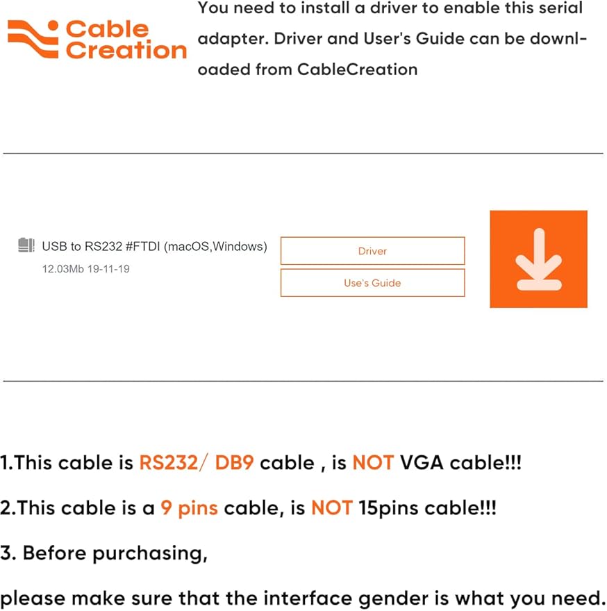 CableCreation USB to RS232 Adapter with PL2303 Chip, USB to DB9 Serial Female Converter Compatible with Windows 10, 8.1, 8, 7, Vista, XP, Linux and Mac OS X 10.6 and Above,Black