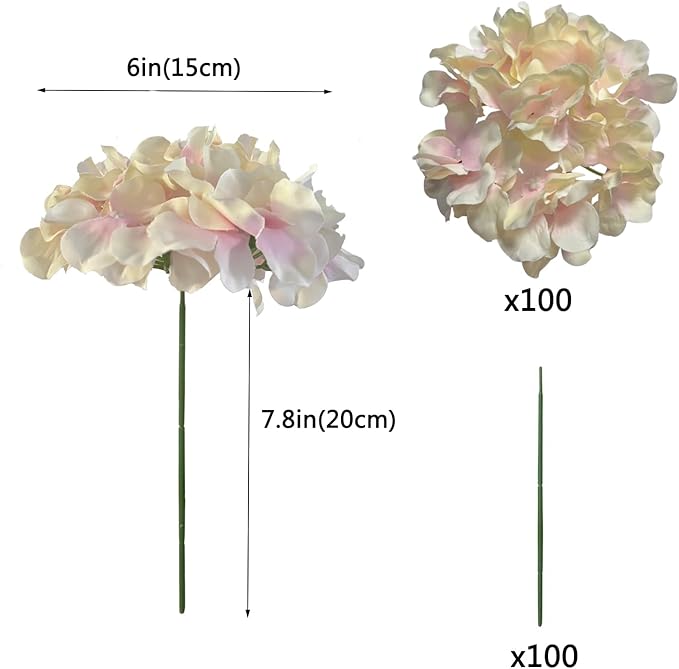 WEISPARK 100PCS Artificial Hydrangea Flowers, Fake Flowers Silk Hydrangea Full Flowers Heads with Stems for Wedding Home Party Shop Baby Shower Decor (Pink Beige)