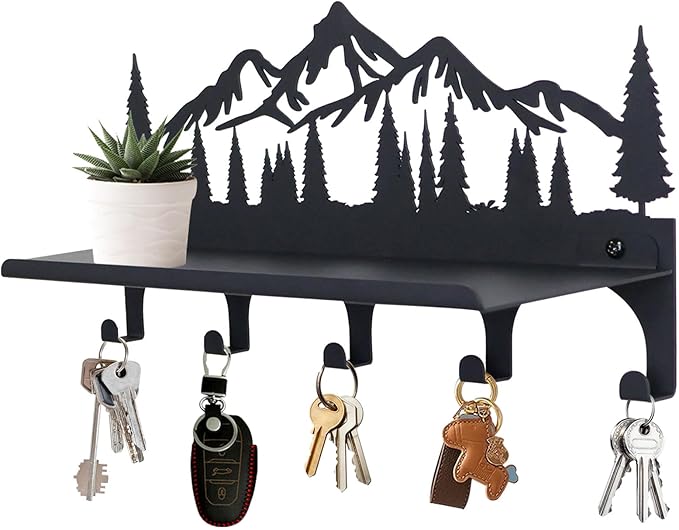 Key Holder for Wall, Metal Decorative Wall Mounted Mountain Key and Mail Holder with Shelf, 2 in 1 Key Hooks for Entryway, Front Door, Hallway, Key Organizer and Key Rack (10 Inches)