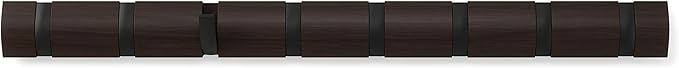 Umbra - Flip Wall-Mounted Coat Rack Rail Hook for Hats, Jackets, Bags and More, Wood, Metal, Black/Walnut