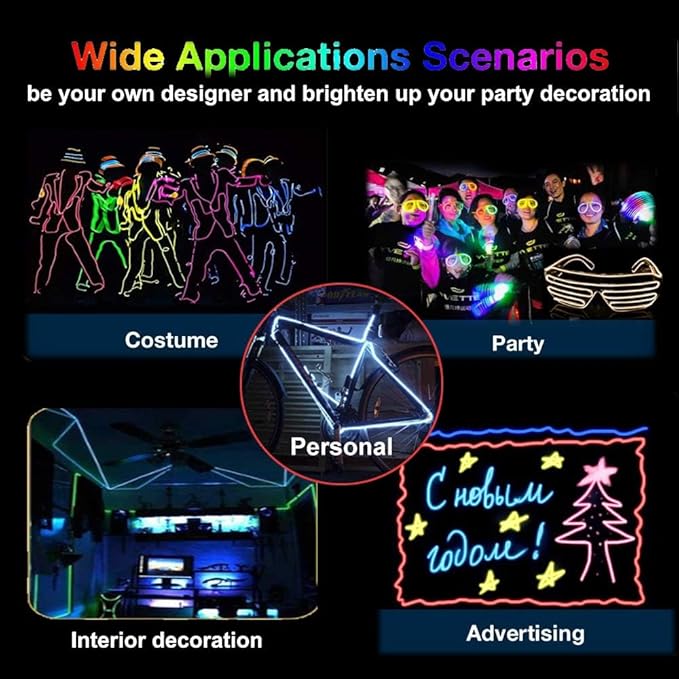 MaxLax EL Wire White, 2M Portable Battery Pack Neon Light Strip 360° Cuttable Glowing Rope Lights for Parties, Halloween, DIY Decoration