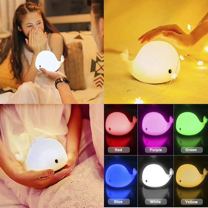 Cute Whale Night Light for Kids,Kawaii Baby Night Light with 7 LED Colors Changing,Tap Control Nursery Squishy Night Lamp,USB Rechargeable,Birthday Gifts for Baby,Girls,Boys,Toddler,Children
