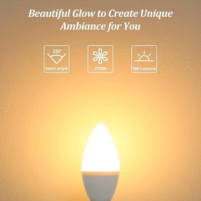 Brightever E12 LED Candelabra Light Bulbs 40W Equivalent, 4W Warm White 2700K Ceiling Fan Bulbs, Chandelier Candle Lights for Wall Lanterns, Pendant Lights, Non-Dimmable, Pack of 12