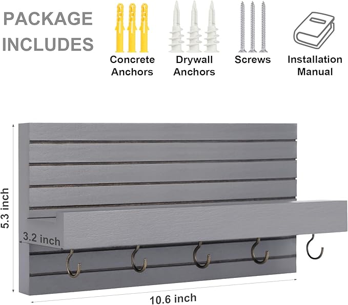 Decorative Key Holder for Wall with Shelf, Entryway Shelf with Hooks Holds Leashes, Jackets and Glasses – Sturdy Wood Keyholder Entrance Hanger with Mounting Hardware (Gray, Medium)
