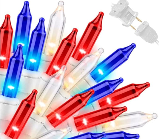 LAMPHOME 31.9FT 150-Count Red White and Blue Mini Lights,4th of July Patriotic String Light White Wire, Independence Day Lights for Indoor Outdoor Christmas Party Decor,Red White Blue