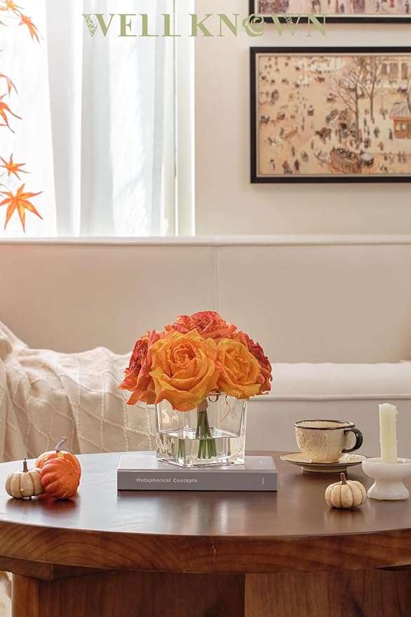 WELL KNOWN Rose Artificial Flowers in Vase with Faux Water, Silk Rose Table Centerpieces for Home Coffee Table Decor, Fake Roses Flower Arrangements for Office Hotel Lavatory Decor (Burnt Orange)