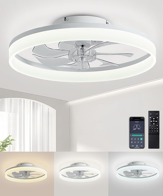 Ceiling Fans with Lights and Remote, 20" Modern Low Profile Ceiling Fan with Light, Stepless Color Temperature Change and 6 Speeds, Flush Mount Ceiling Fans for Bedroom, Kids Room.（White）