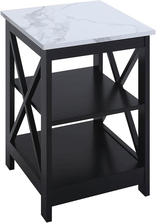 Convenience Concepts Oxford End Table 15.75" - Modern Living Room Table with Storage Shelves, Transitional Nightstand Side Table for Home Decor and Display, White Faux Marble/Black