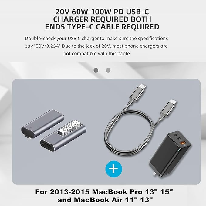 Magnetic USB C to Magnetic 2 Male to Female Adapter Safe 2 PD 100W Power Fast Charging Converter for 2013-2015 MacBook Pro Air with 100W/5A USB C Cable (1.5M)