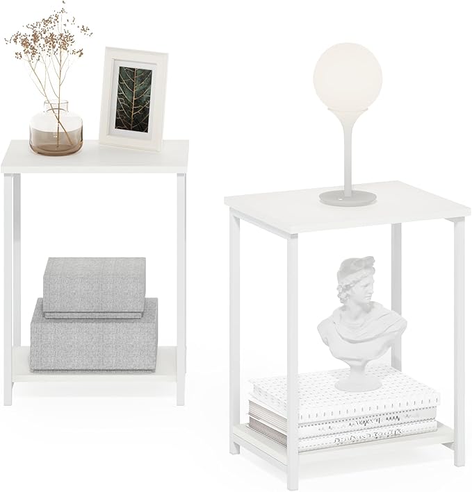 Furinno Simplistic Side Table Set of 2, 2-Tier Metal Frame End Table with Open Shelf, Night Stand, Bedside Table, for Living Room, Bedroom, White