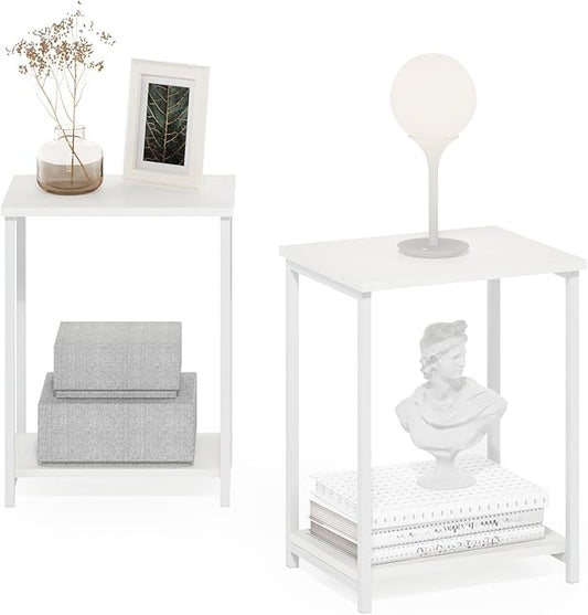 Furinno Simplistic Side Table Set of 2, 2-Tier Metal Frame End Table with Open Shelf, Night Stand, Bedside Table, for Living Room, Bedroom, White
