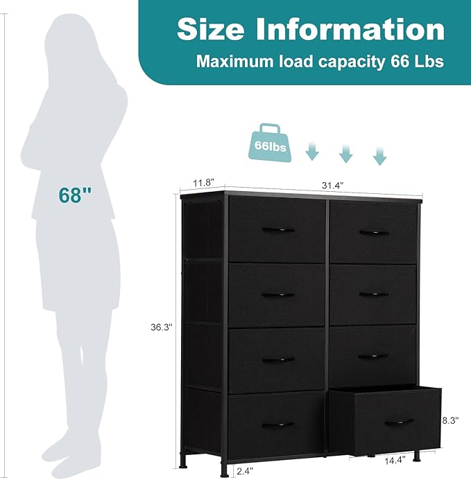 OLIXIS Dresser for Bedroom with 8 Drawers, Tall Fabric Dresser for Storage and Organization, Bedroom Dressers, Chest of Drawers for Living Room, Closet