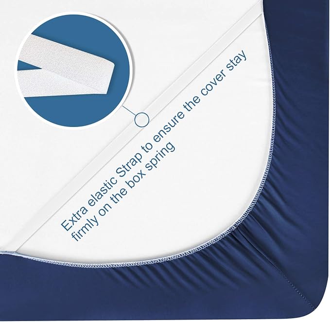 Full Size Box Spring Cover with Smooth and Elastic Woven Material, Alternates for Bed Skirt, Wrinkle & Fading Resistant, Washable, Dustproof, Navy