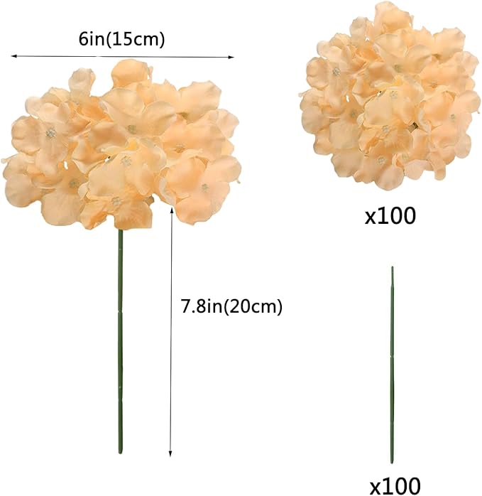 WEISPARK 100PCS Artificial Hydrangea Flowers, Fake Flowers Silk Hydrangea Full Flowers Heads with Stems for Wedding Home Party Shop Baby Shower Decor (Champagne)