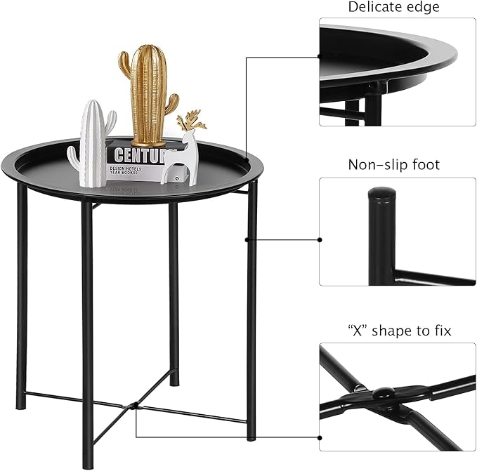 VECELO Side/End Table, Folding Round Metal Anti-Rust and Waterproof Outdoor or Indoor Tray for Living Room Bedroom Balcony and Office, 1 PCS, Black