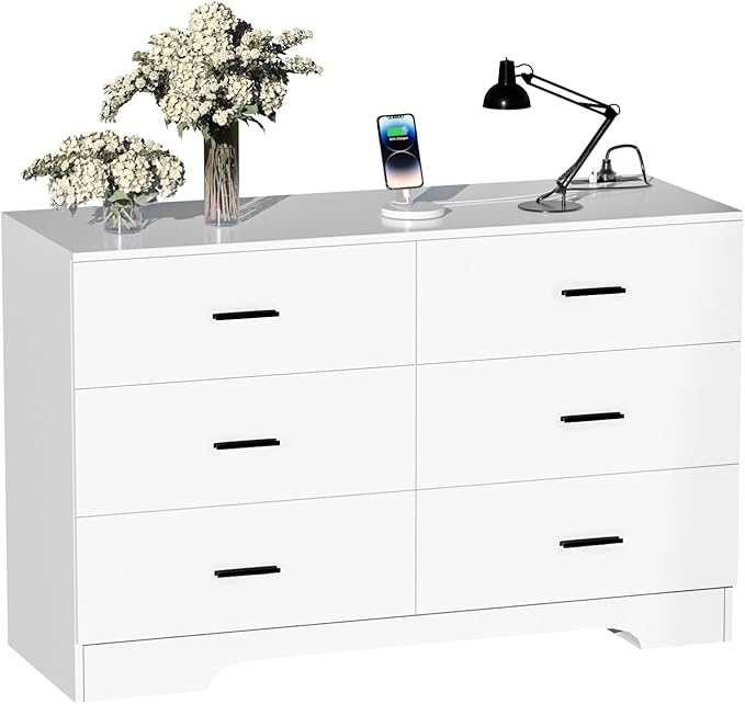 Dresser with Power Outlets Wooden 6 Drawer Dresser with USB and Type C Port Chest of Drawers for Bedroom Tall White Storage Organizer for Living Room Hallway Closet