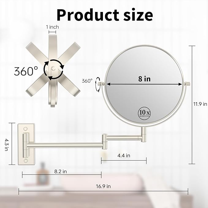 Wall Mounted Makeup Mirror, 1x/10x Double-Side Magnifying Mirror 8 Inch Vanity Mirror, 360° Extendable Arm Wall Mirror, Bathroom Mirror for Makeup or Shaving Nickel