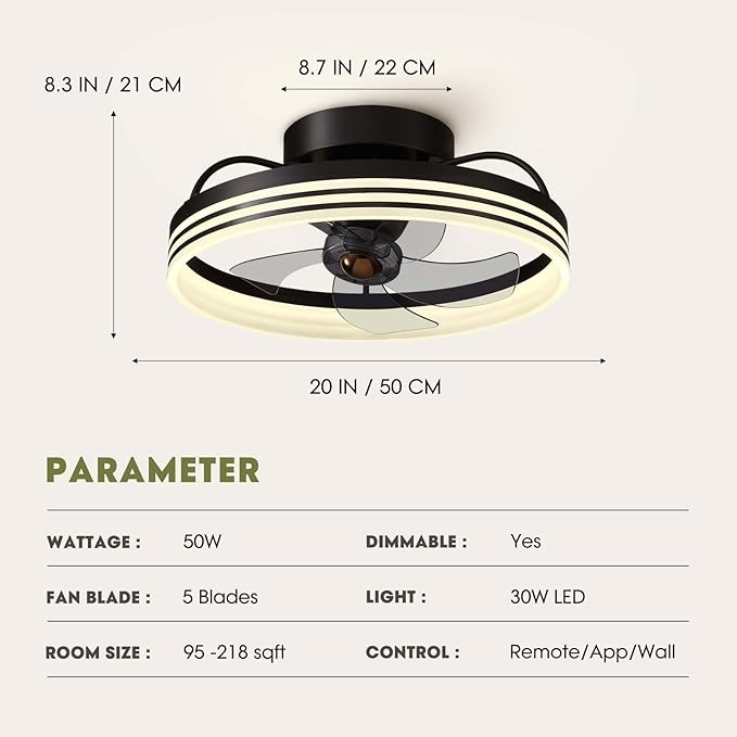 Ceiling Fans with Lights, 360° Rotating Ceiling Fan with Lights and Remote, 6 Wind Speeds Smart Low Profile Ceiling Fan for Bedroom, Kids Room and Living Room 20"