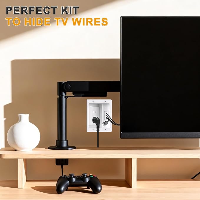 Wall Cable Concealer Kit with Recessed Tv Outlet Box-Two-Hole Socket,Tv Cable Hider Wall Kit Hider Box Fits All Plugs, Easy, Safe Cable Management