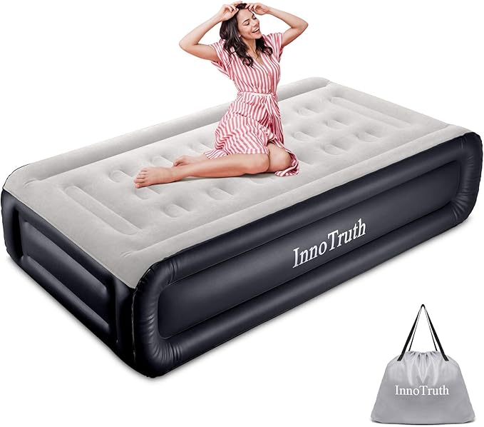 InnoTruth Raised Air Mattress with Built-in Pump,18in Elevated Inflatable Mattress with Carrying Bag for Home and Camping, Twin Size Blow Up Bed，Black