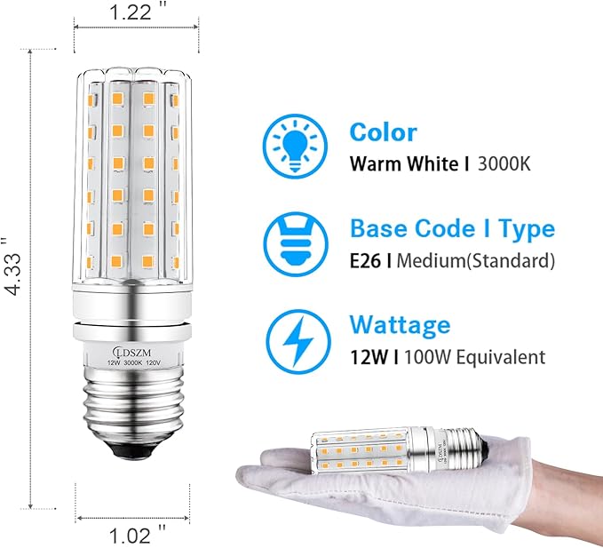 LED Light Bulb 100w Equivalent 1200 Lumen 3000K Warm Daylight White 12W LED Bulb E26 Base Non-Dimmable Ceiling Fan Light Bulbs for Home Indoor LED Corn Light Bulb Pack of 4