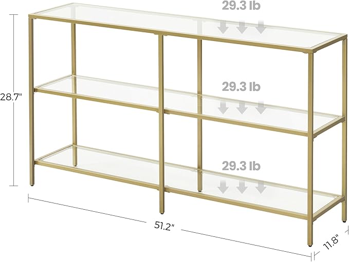 VASAGLE 51.2 Inch Console Table with 3 Shelves, Sofa Tables, Modern Entryway Table, Metal Frame, Tempered Glass Shelf, Entryway Living Room Bedroom, Metallic Gold and Transparent ULGT024A01