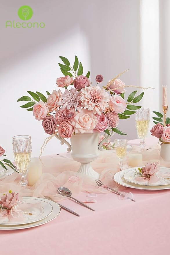Alecono Artificial Flowers, Dusty Pink Silk Fake Flowers for DIY Wedding Bridal Bouquets, 𝙎𝙚𝙩 𝙤𝙛 𝟮, Wedding Cake Flowers for Table Centerpieces Baby Shower Birthday Party Home Decorations