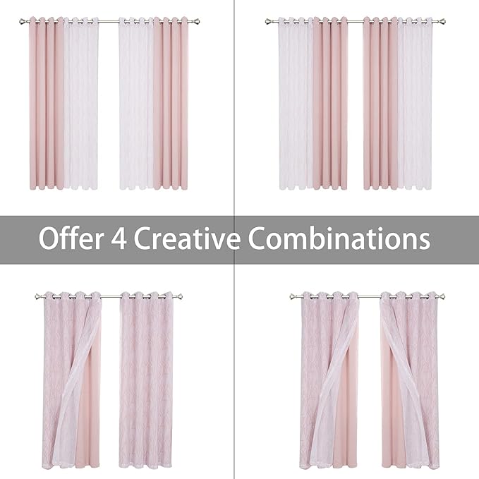 BONZER Mix and Match Curtains - 2 Pieces Branch Print Sheer Curtains and 2 Pieces Blackout Curtains for Bedroom Living Room Grommet Window Drapes, 54x95 Inch/Panel, Blush, Set of 4 Panels