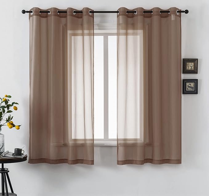 DUALIFE 2 Piece Semi Chocoalate Brown Sheer Curtains 63 inches Long Voile Panels Light Filtering Drapes Grommet Curtain Sheers for Living Room Transparent Bedroom 52x63 Inch Dark Brown
