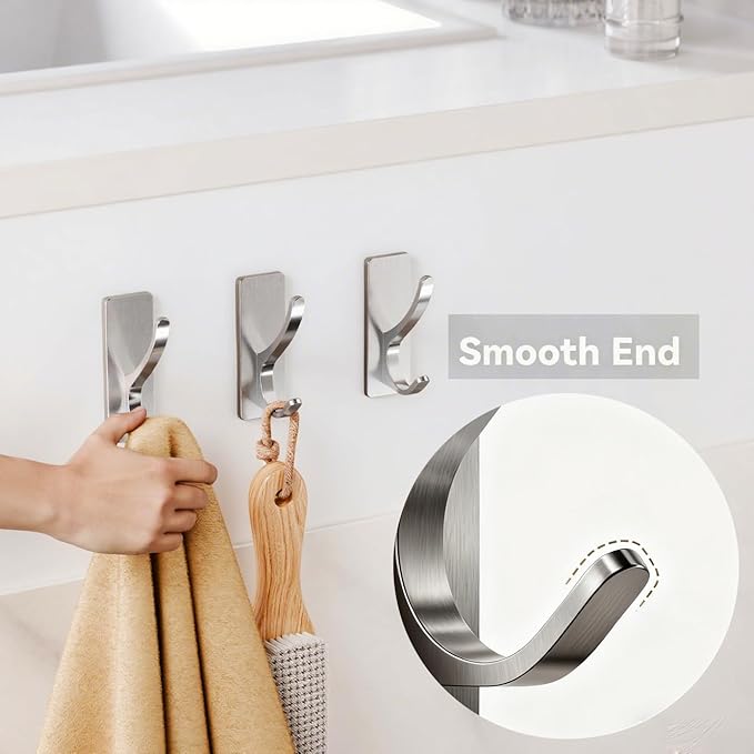 pickpiff Self Adhesive Coat Hooks for Hanging: Heavy Duty Stainless Wall Hook for Towel, Backpack, Hat, Sturdy Metal Hanger for Bathroom, Bedroom, Door, Brushed Nickel, 6-Pack