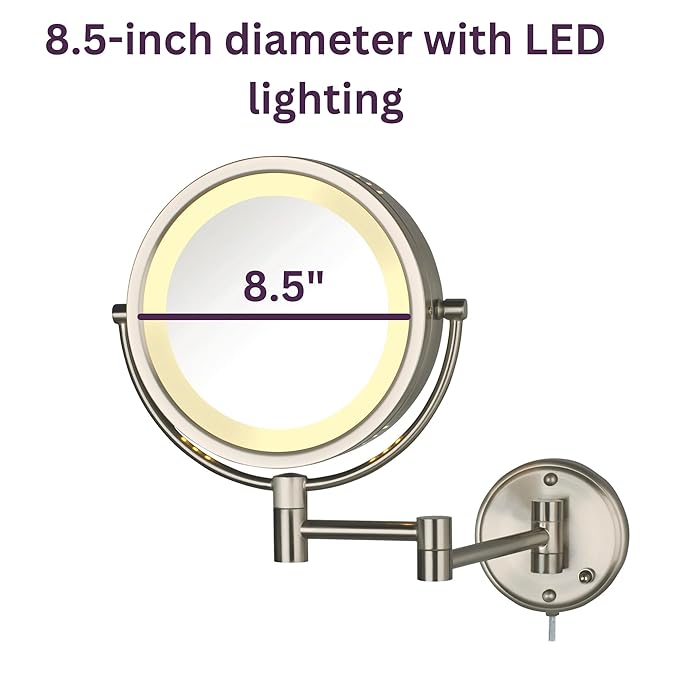 JERDON Wall-Mounted Makeup Mirror with LED Lighting - Direct Wire Lighted Makeup Mirror with 8X Magnification & Nickel Finish Wall Mount - Model HL75ND
