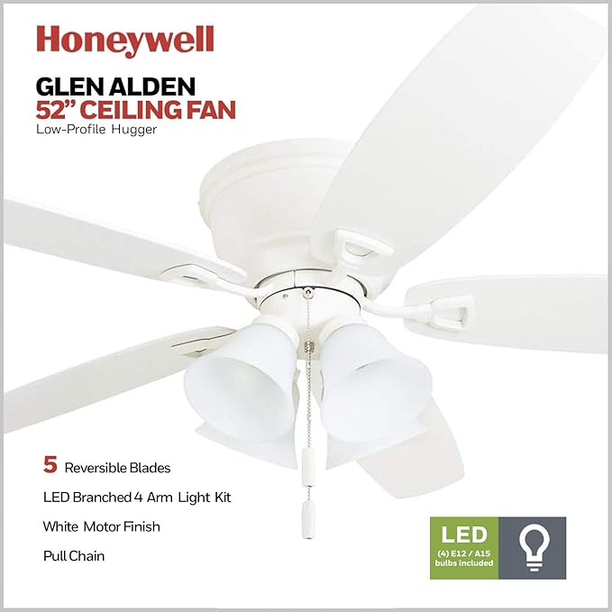 Honeywell Ceiling Fans Glen Alden, 52 Inch Classic Flush Mount Indoor LED Ceiling Fan with Light, Pull Chain, Quick-2-Hang Dual Finish Blades, Reversible Motor - 50520-01 (White)