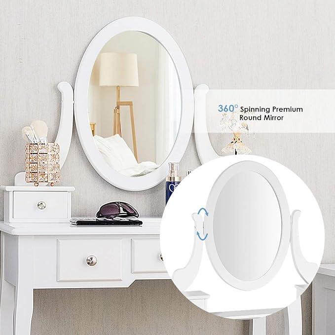 CHARMAID Vanity Table Set with Rotatable Oval Mirror, Bedroom Makeup Table with 5 Drawers for Women Girls, Dressing Table with Cushioned Stool (White)