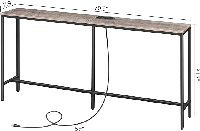 70.9'' Console Table with Power Outlet, Narrow Sofa Table, Industrial Entryway Table with USB Ports, Behind Couch for Entryway, Hallway, Foyer, Living Room, Greige CTHG18E01Z1