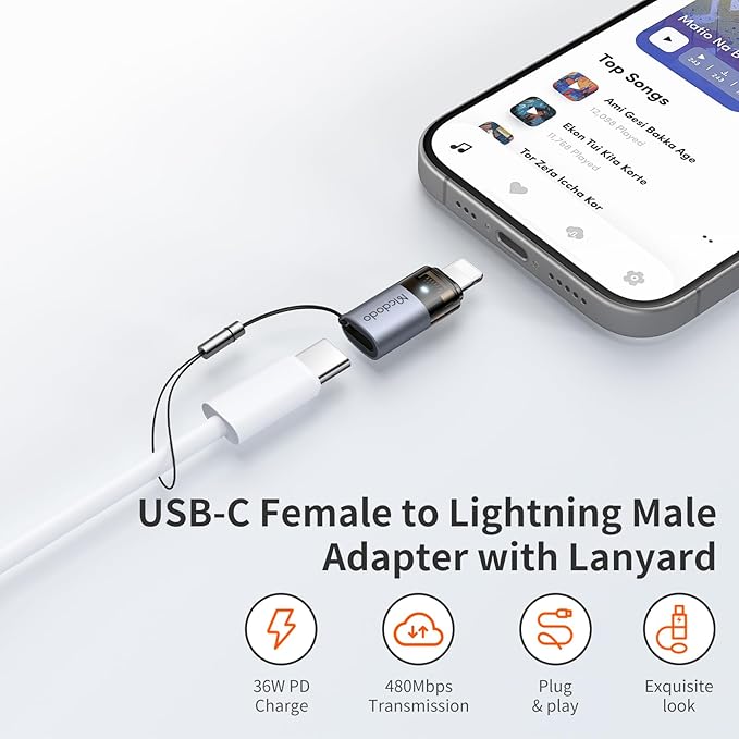 mcdodo 36W USB-C to Lightning Adapter with Lanyard, Type-C to Lightning Adapter PD Fast Charging for iPhone/AirPods/Original MacBook, Support Charging&Data Transmission