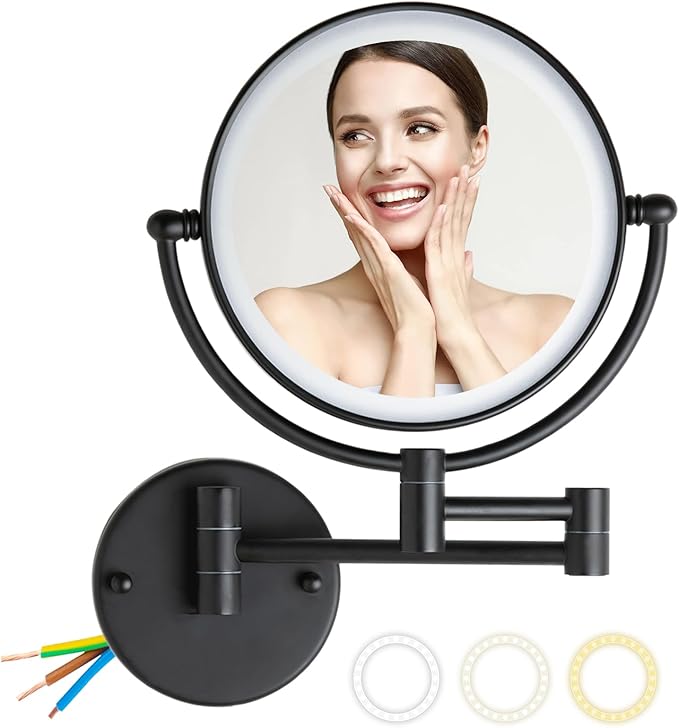 Wall Mounted Makeup Mirror with 3 Color Lights Stepless Dimming, 8" 1X/10X Magnifying LED Two Sided Touch Sensor Extendable Arm 360 Swivel Shaving Light Up Mirror Hardwired for Bathroom, Matte Black