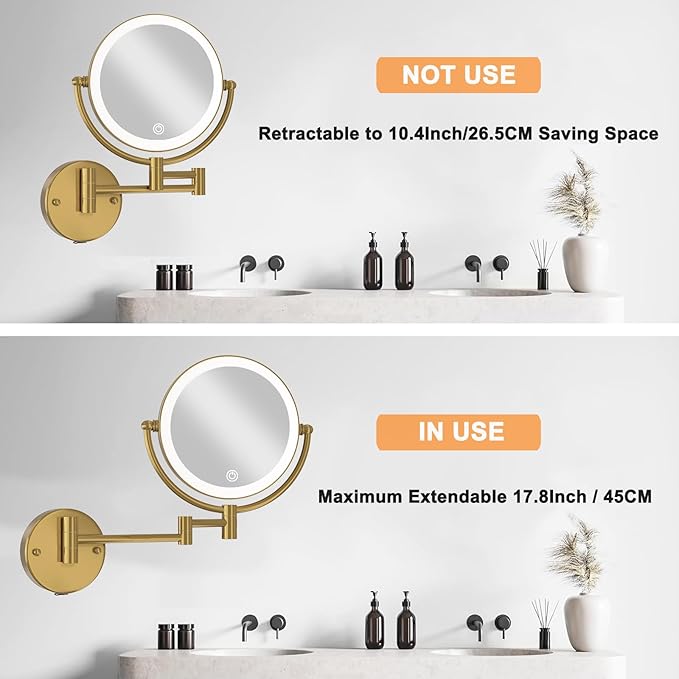 Hardwired Bathroom Makeup Mirror Wall Mount Gold, Double Sided 1/10X Magnifying Make up Mirror with Lights 3 Color & Adjustable Brightness, 360 Swing Arm Shaving Mirror, Brushed Moderne Brass