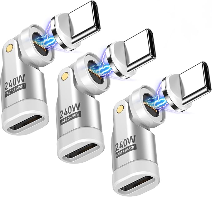 USB C Magnetic Adapter PD 240W(3Pack), 9PIN USB C 90 Degree Adapter/C Right Angle Adapter/180 Degree C Connector/Magnetic C to C for 1Phone 16/15, Ma-Book Pro/1Pad Series, Samsung Galaxy Series