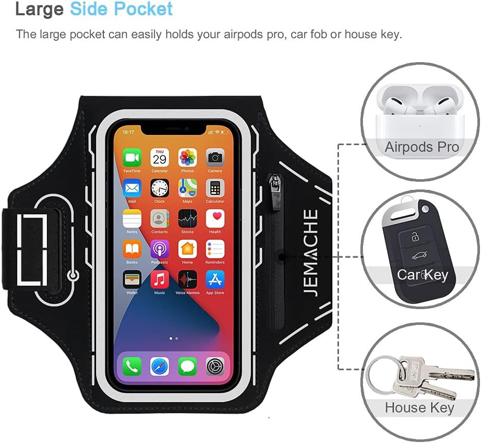 JEMACHE Running Armband for iPhone 12 Pro, 13, 14, 15, 16, Samsung Galaxy S21, S22, S23, S24, S25, Black Arm Band with