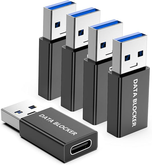 5Pack USB Data Blocker Adapter, USB C Data Blocker for iPhone 15 16 17 and for Android Phone or for ipad, A Male to C Female data blocker adapter Only for Charge, Protect Against Juice Jacking (Black)
