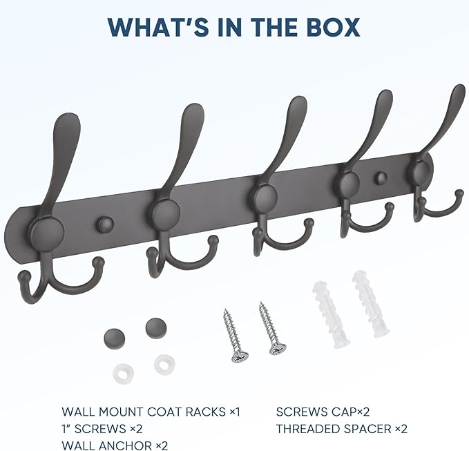TICONN Wall Mounted Coat Rack, Five Heavy Duty Tri Hooks All Metal Construction for Jacket Coat Hat in Mudroom Entryway (Space Gray, 1-Pack)