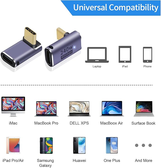USB C 90 degree, Right Angle Adapter,USB C Female to Female Adapter240W PD, 40Gbps and 8K video]supports Thunderbolt 4/3 cable for laptops, tablets and phones (2 packs) (Right Angle Type-C Adapter)