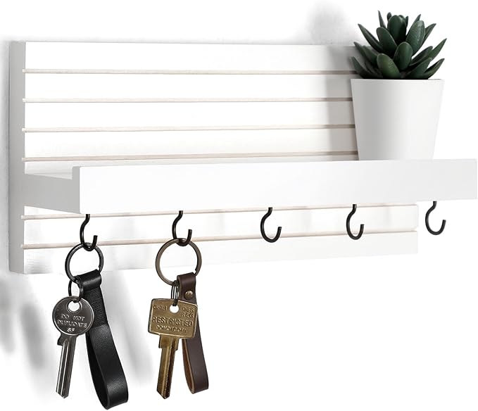 Decorative Key Holder for Wall with Shelf, Entryway Shelf with Hooks Holds Leashes, Jackets and Glasses – Sturdy Wood Keyholder Entrance Hanger with Mounting Hardware (White, Medium)