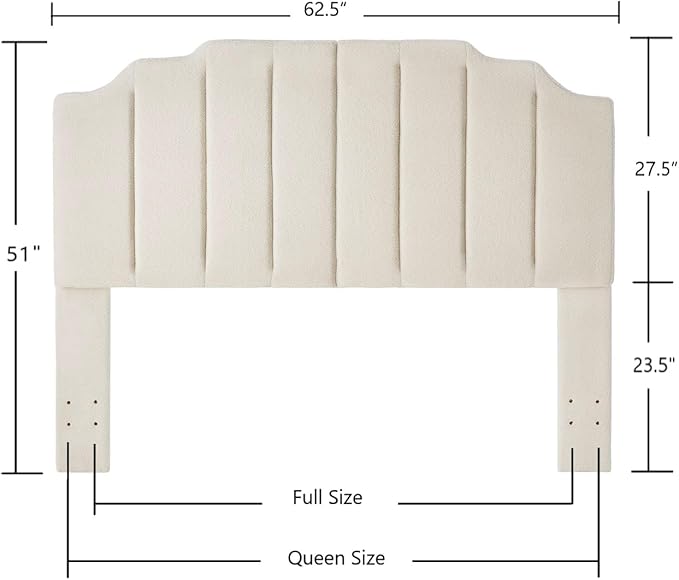 24KF Cream Teddy Fabric Tufted for Queen Upholstered Headboard, Modern Vertical Channel Design Full Headboard with Stepped Silhouette Top Edge, 6026-Q-Teddy Cream
