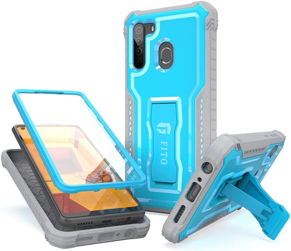 FITO Samsung Galaxy A21 Case, Dual Layer Shockproof Heavy Duty with Screen Protector, Blue