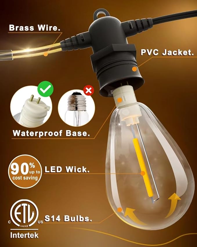100FT LED Outdoor String Lights with 30 Edison Shatterproof IP65 Waterproof Bulbs, 2700K Dimmable Commercial Grade Patio Lights, Heavy Duty Outside Hanging Light for Garden Porch Deck Decor